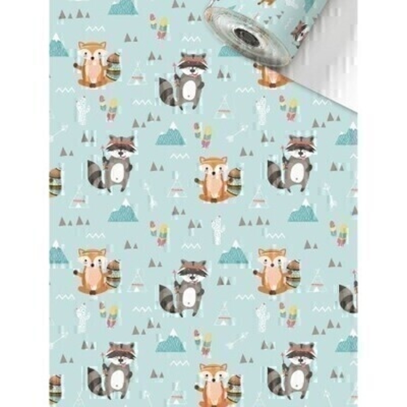Luxury Matz Fox and Raccoon on a cowboys and indians light blue background roll wrap paper by Swiss designer Stewo. Quality bright white coated wrapping paper 80gsm. Approx size of roll 70cm x 2metres.